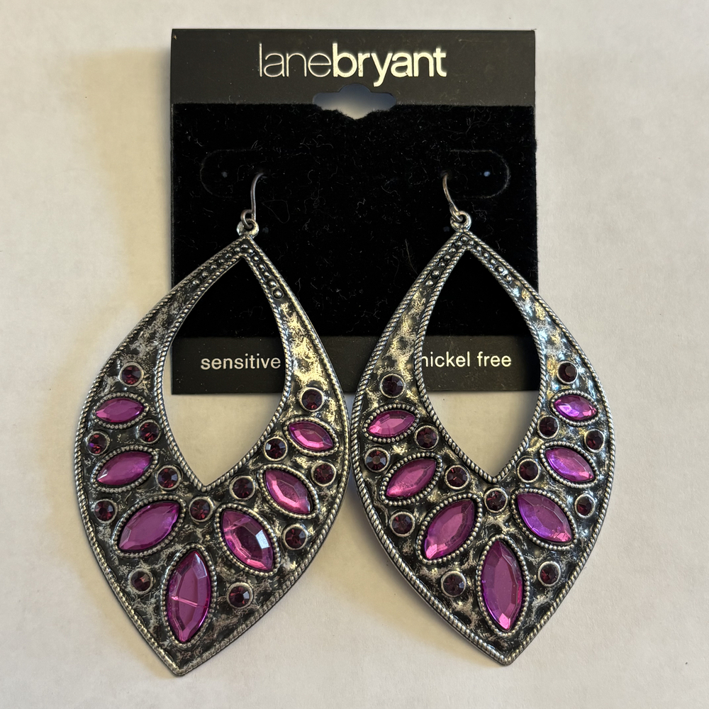 Lane Bryant Antique Silver Purple Rhinestone Cutout Open Teardrop Earrings NWT